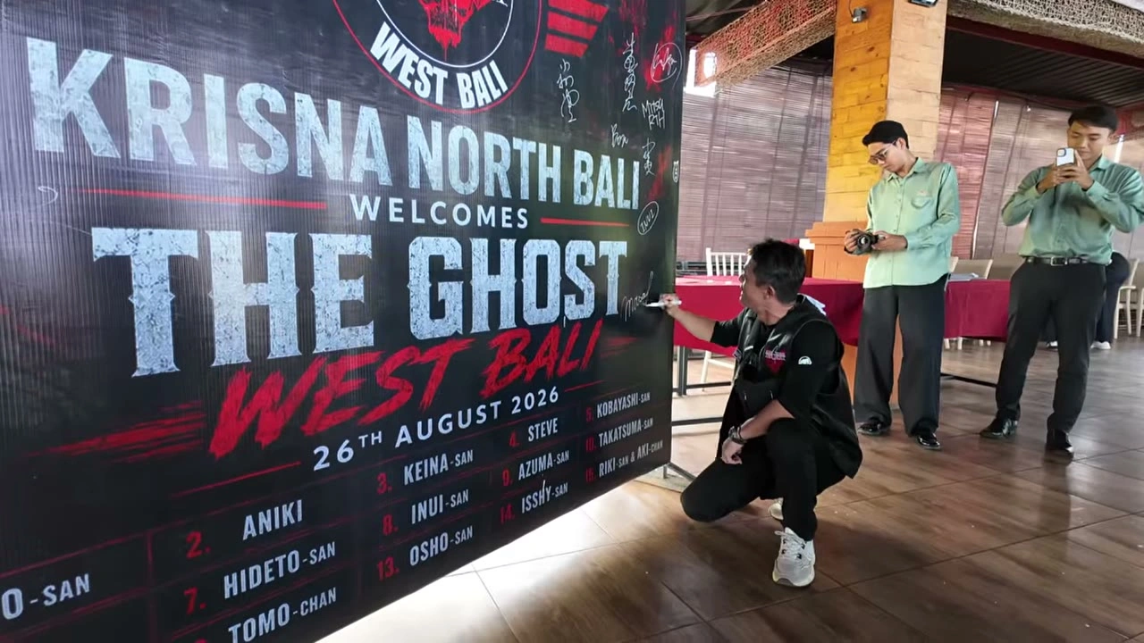 メンバーの名前が並ぶ歓迎の横断幕（2026年8月26日）｜2026年8月 バリ島ハーレーツーリング — TEAM THE GHOST West Bali