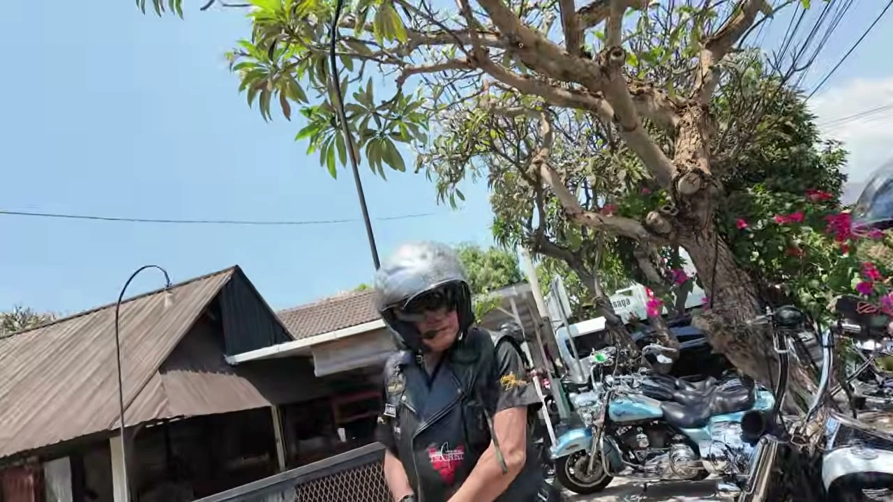 道ばたにハーレーを停め、ひと息つくメンバー｜2026年9月 バリ島ハーレーツーリング — TEAM THE GHOST West Bali